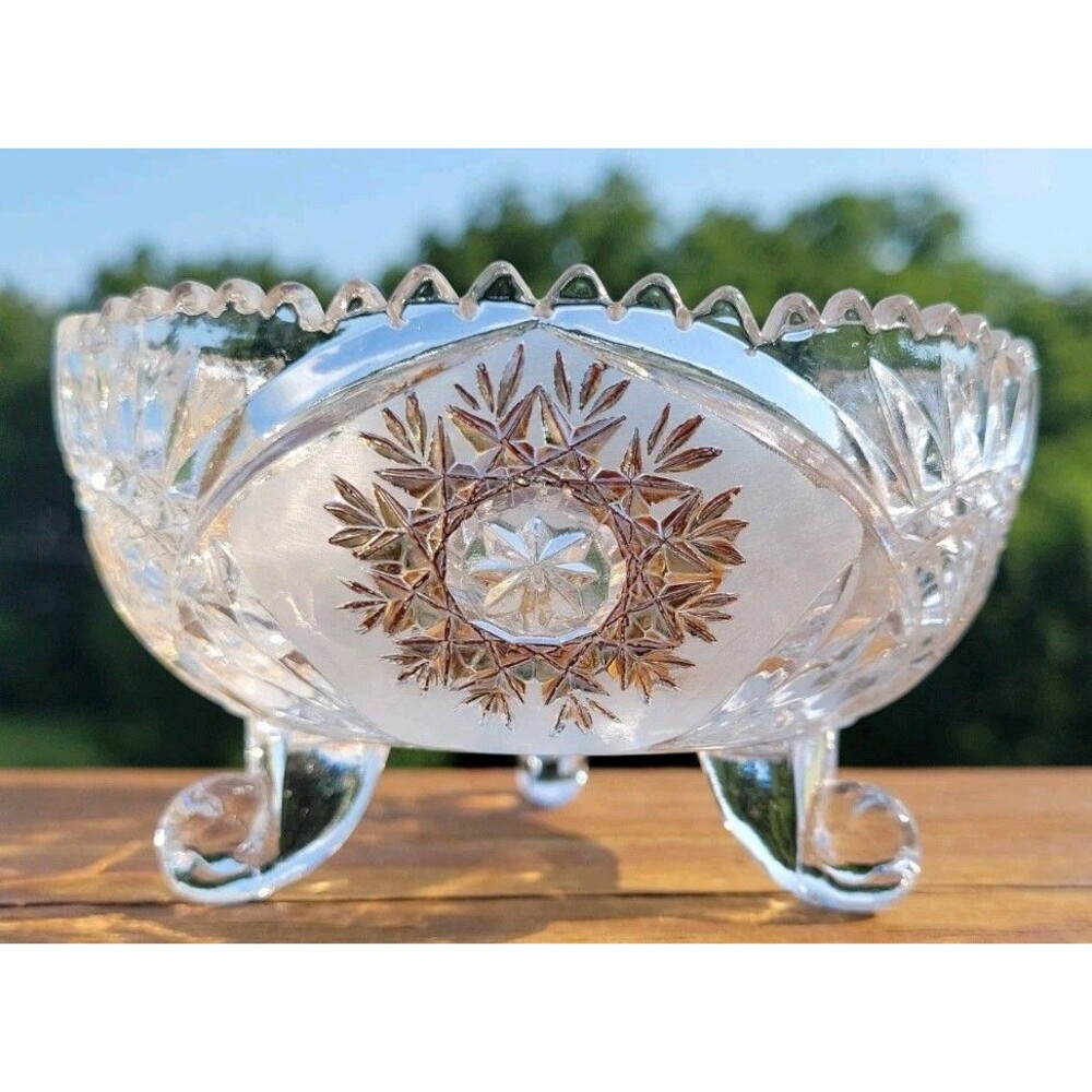 Enesco Clear Cut Lead Crystal Glass Pedestal Bowl Candy Dish - Vintage Copper